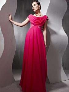 Scoop Chiffon Cap Sleeves Floor Length Prom Evening Gown and Beading and Ruching