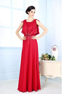 Delicate Scoop Red Satin Side Zipper Homecoming Dress Sleeveless Floor Length Beading