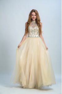 Sleeveless Floor Length Beading Zipper Prom Dress with Champagne