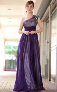 One Shoulder Sleeveless Dress for Prom Floor Length Beading and Appliques Purple Chiffon