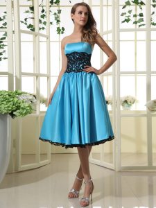 Classical Baby Blue Zipper Strapless Lace Prom Dress Satin Sleeveless