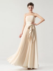 Customized Sashes ribbons and Ruching Prom Dresses Champagne Zipper Sleeveless Floor Length