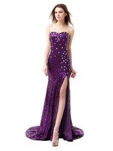 Mermaid Sleeveless Brush Train Side Zipper Floor Length Beading and Ruffles Prom Dress