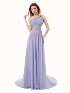 One Shoulder Lavender Sleeveless Chiffon Brush Train Zipper Prom Dress for Prom