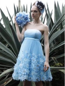 Pretty Baby Blue A-line Organza Strapless Sleeveless Beading and Ruching Knee Length Backless Prom Party Dress