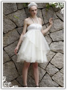 Fitting Halter Top Knee Length Zipper Prom Dress White for Prom and Party with Ruffles