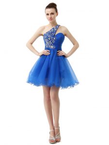 One Shoulder Sleeveless Knee Length Beading Criss Cross Dress for Prom with Royal Blue