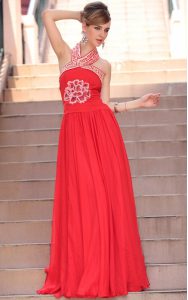 Coral Red Halter Top Neckline Embroidery Dress for Prom Sleeveless Side Zipper