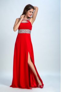 Custom Fit Floor Length Zipper Prom Gown Red and Coral Red for Prom and Party with Beading