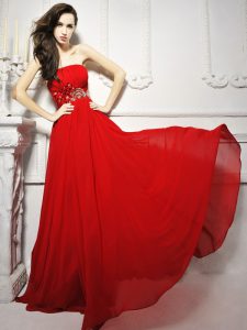 Red Column/Sheath Chiffon Strapless Sleeveless Beading and Ruching With Train Lace Up Prom Dress Brush Train