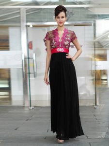 Column/Sheath Prom Dresses Red And Black V-neck Chiffon Short Sleeves Ankle Length Zipper