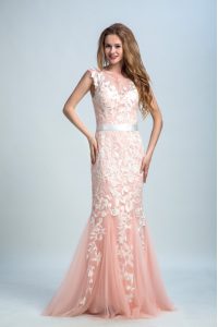 Exquisite Floor Length Zipper Prom Gown Peach for Prom and Party with Lace