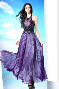 Best Selling Halter Top Purple Column/Sheath Lace Prom Dresses Zipper Chiffon Sleeveless Floor Length