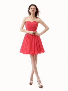 Affordable Watermelon Red Zipper Prom Party Dress Beading and Ruching Sleeveless Mini Length