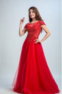 Spectacular Red Cap Sleeves Floor Length Lace Zipper Prom Dress