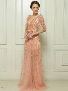 Beauteous Tulle Cap Sleeves With Train Prom Dress Brush Train and Beading and Appliques