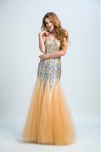Deluxe Gold Tulle and Sequined Zipper Strapless Sleeveless Floor Length Sequins