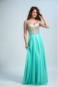 Flirting Floor Length Zipper Prom Gown Aqua Blue for Prom and Party with Beading and Appliques