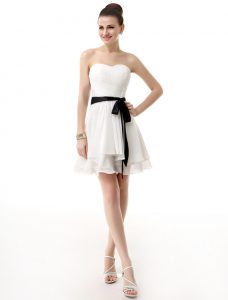 White Chiffon Lace Up Prom Gown Sleeveless Knee Length Sashes ribbons