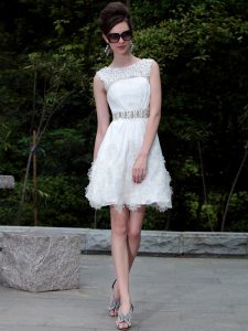 Most Popular White Scoop Neckline Beading and Belt Prom Gown Sleeveless Zipper