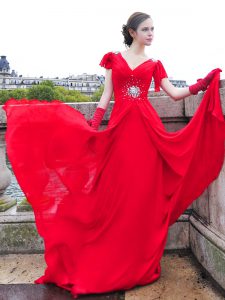 Graceful Cap Sleeves With Train Beading and Ruching Lace Up Dress for Prom with Red Brush Train