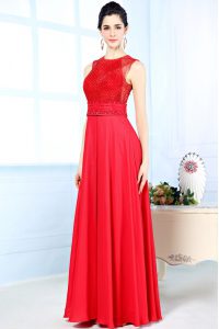 Inexpensive Scoop Sleeveless Floor Length Beading Zipper Dress for Prom with Red
