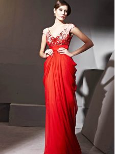 Red Cap Sleeves Beading and Appliques and Ruching Floor Length Prom Party Dress
