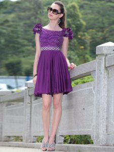 Luxurious Purple Satin Zipper Scoop Sleeveless Knee Length Prom Party Dress Beading and Hand Made Flower