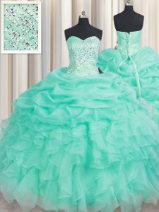 Unique Apple Green Organza Lace Up Sweetheart Sleeveless Floor Length Quinceanera Dresses Beading and Ruffles and Pick U