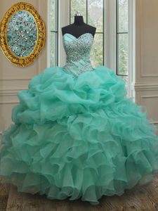 High Quality Apple Green Ball Gowns Sweetheart Sleeveless Organza Floor Length Lace Up Beading and Ruffles and Pick Ups 
