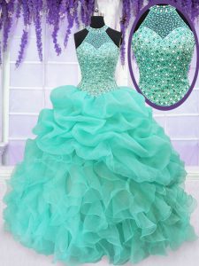 Nice Halter Top Sleeveless Quinceanera Gowns Floor Length Beading and Ruffles and Pick Ups Aqua Blue Organza
