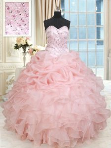 Baby Pink Sleeveless Beading and Ruffles and Pick Ups Floor Length Sweet 16 Dress