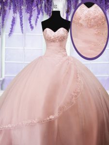 Sleeveless Floor Length Beading and Appliques Lace Up Ball Gown Prom Dress with Baby Pink