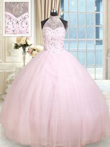 Edgy Halter Top Baby Pink Tulle Lace Up 15th Birthday Dress Sleeveless Floor Length Beading