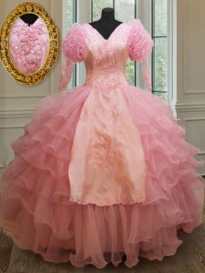 Cute Baby Pink 15th Birthday Dress Military Ball and Sweet 16 and Quinceanera and For with Beading and Embroidery and Ru