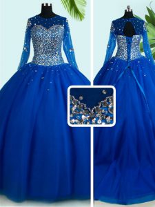 Scoop Long Sleeves Tulle Quinceanera Dress Beading Brush Train Lace Up