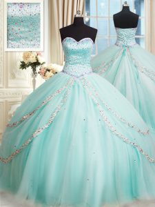 Apple Green Sleeveless With Train Beading Lace Up Sweet 16 Dresses