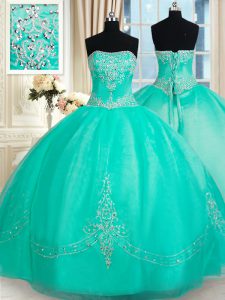 Stunning Strapless Sleeveless Lace Up 15 Quinceanera Dress Turquoise Organza