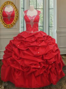 Straps Beading and Pick Ups Quince Ball Gowns Red Lace Up Cap Sleeves Floor Length