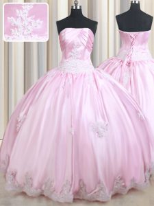 Flare Baby Pink Taffeta Lace Up Strapless Sleeveless Floor Length 15th Birthday Dress Appliques