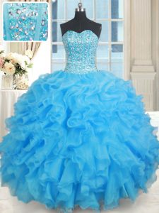 Elegant Baby Blue Organza Lace Up Sweetheart Sleeveless Floor Length Quinceanera Dresses Beading