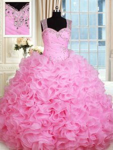 Rose Pink Zipper Straps Beading and Ruffles Sweet 16 Dress Organza Sleeveless
