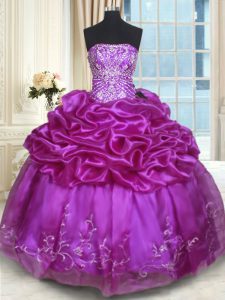 Trendy Eggplant Purple Sleeveless Floor Length Beading and Embroidery and Pick Ups Lace Up Vestidos de Quinceanera