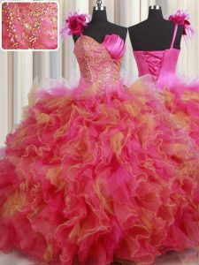 Multi-color One Shoulder Neckline Beading and Ruffles and Hand Made Flower Quince Ball Gowns Sleeveless Lace Up