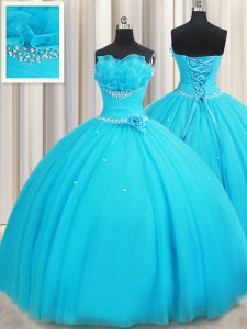 Sexy Aqua Blue Sleeveless Tulle Lace Up Quinceanera Dress for Military Ball and Sweet 16 and Quinceanera