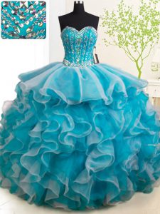 With Train Lace Up Sweet 16 Quinceanera Dress Teal for Military Ball and Sweet 16 and Quinceanera with Beading and Ruffl