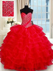Ruffled Sweetheart Sleeveless Lace Up Sweet 16 Dress Red Tulle