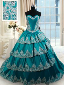 Exceptional Teal Ball Gowns Taffeta Sweetheart Sleeveless Beading and Embroidery and Ruffled Layers Floor Length Lace Up