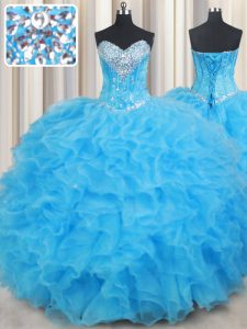 Decent Sleeveless Floor Length Beading and Ruffled Layers Lace Up Vestidos de Quinceanera with Baby Blue