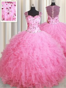 Stunning Straps Floor Length Ball Gowns Sleeveless Rose Pink Quinceanera Dress Zipper